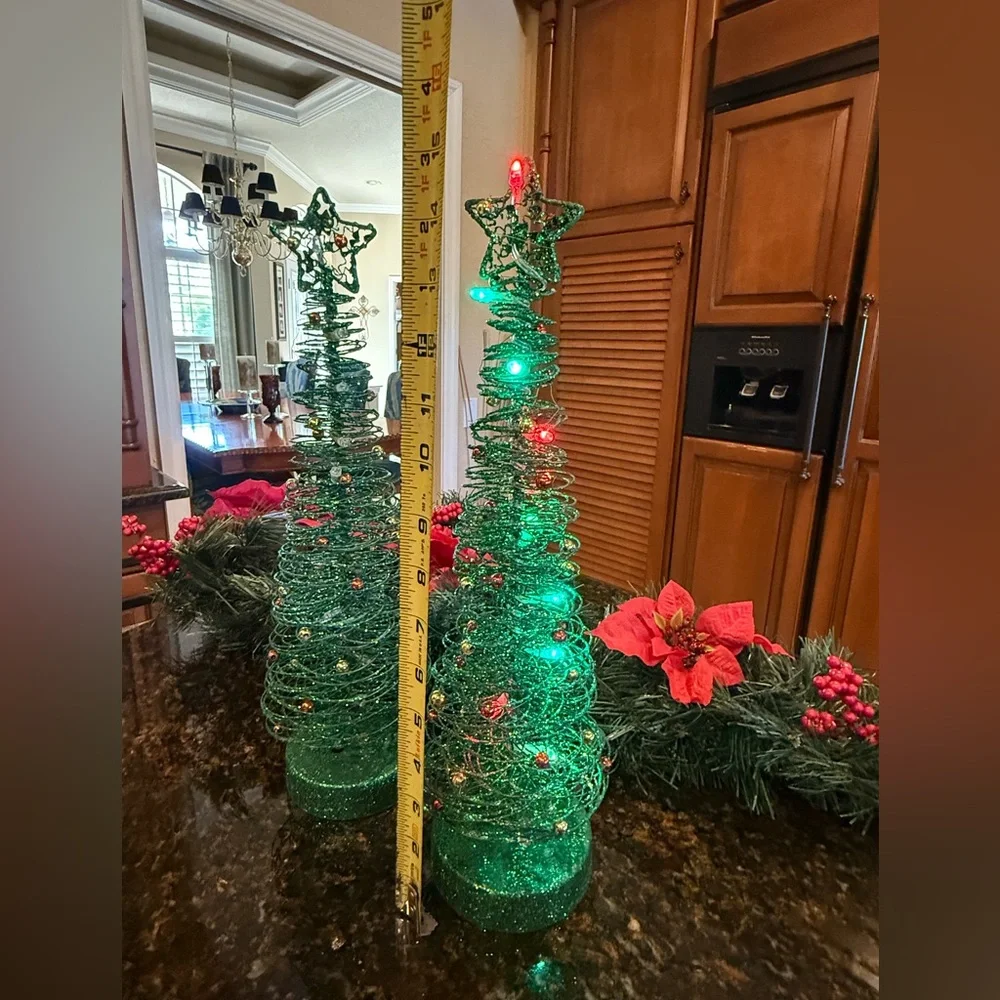 Green Wire Lighted Glittery Christmas Tree Set of 2